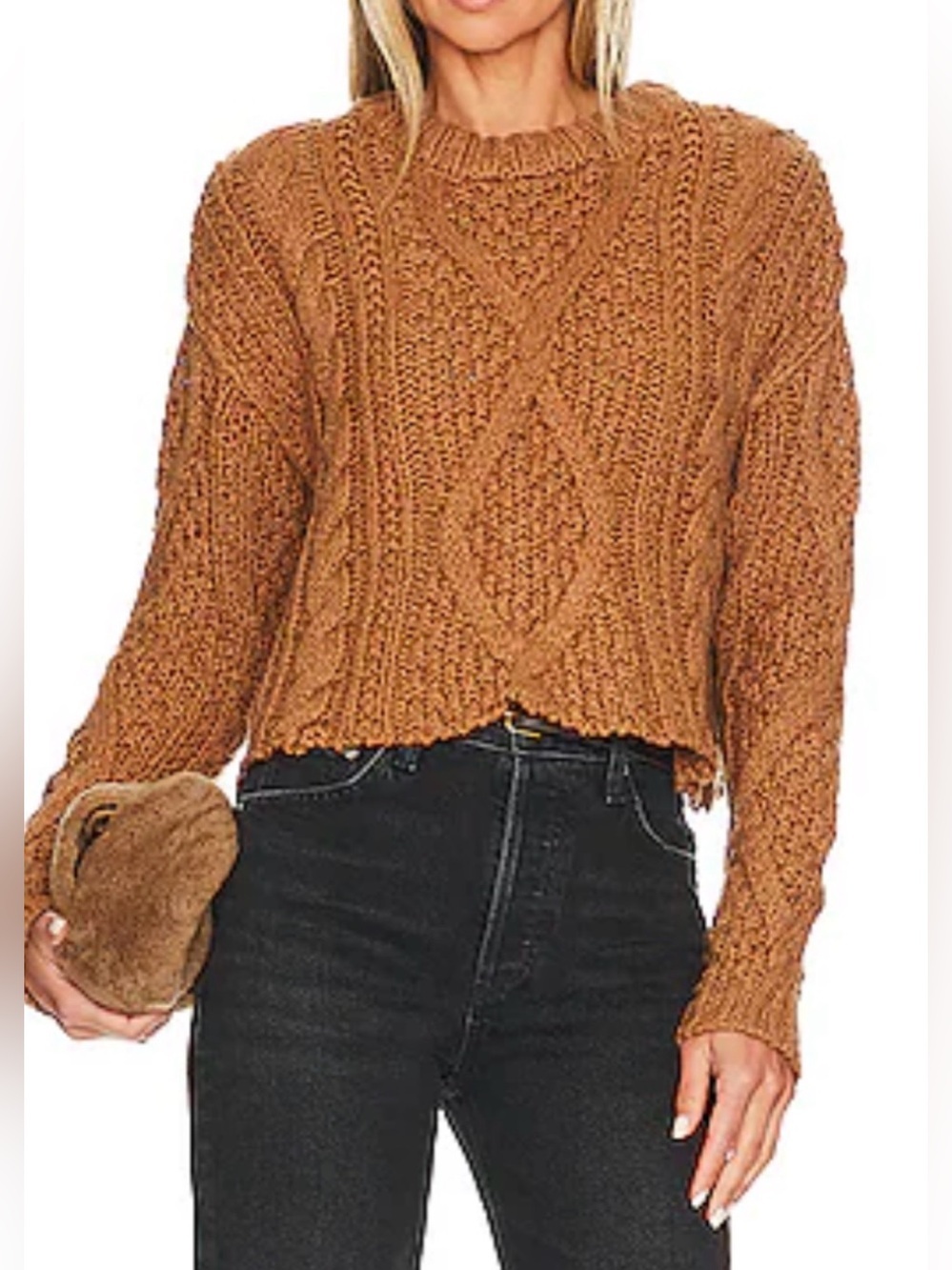 Free People Cutting Edge Chunky Cable Knit Sweater - Camel Brown